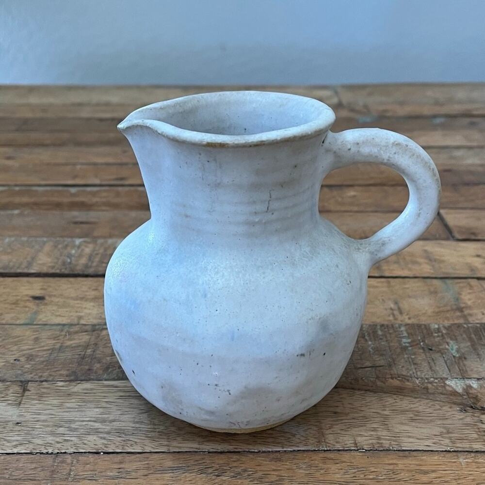 Vintage Studio Art Pottery Pitcher 5.5" Cream White Artist Signed